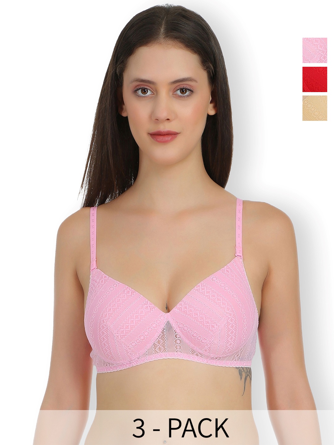 

SELFCARE Floral Bra Full Coverage Lightly Padded Pack of 3 B, Red
