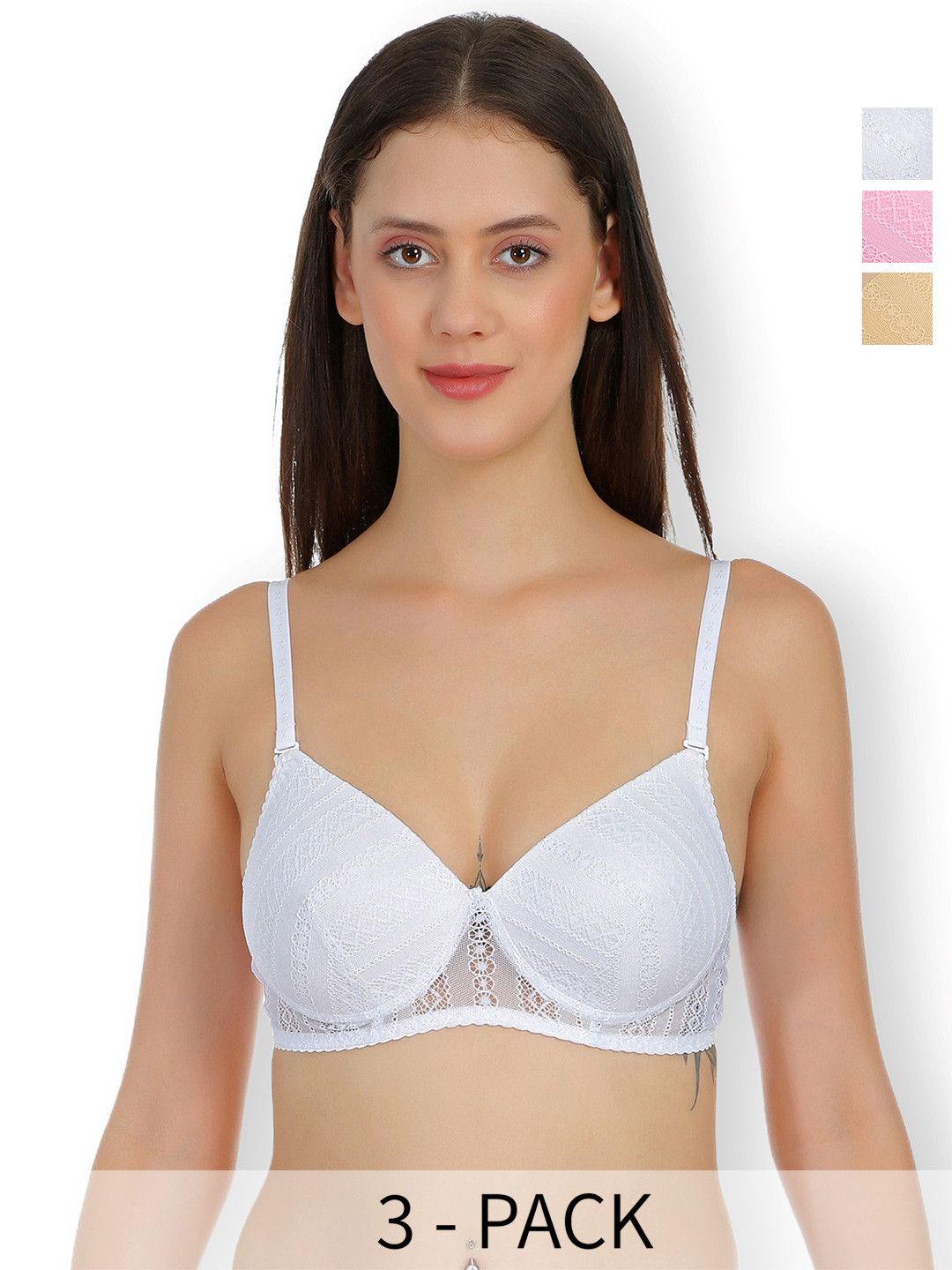 

SELFCARE Floral Bra Full Coverage Lightly Padded Pack of 3, White