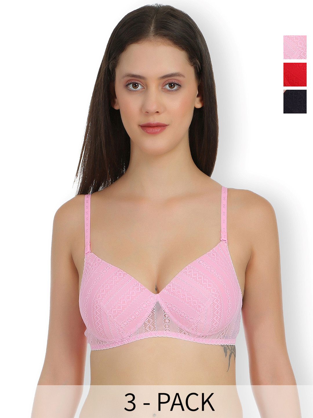 

SELFCARE Pack of 3 Full Coverage Lightly Padded Everyday Bra SN2830, Red