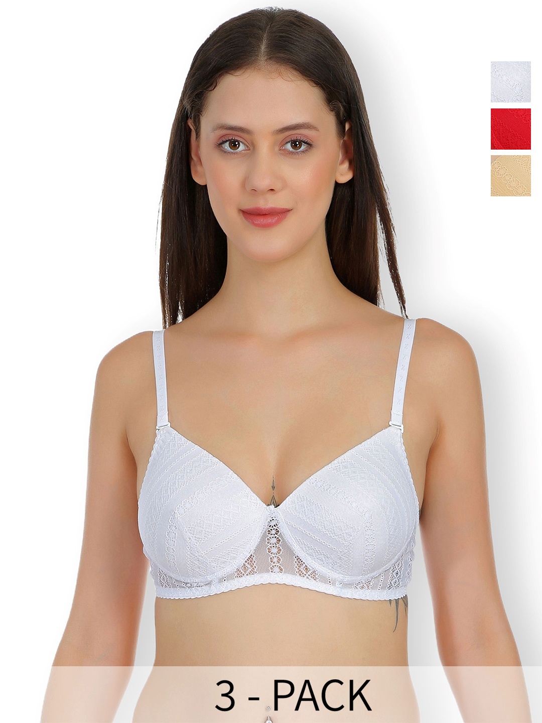 

SELFCARE Floral Bra Full Coverage Lightly Padded Pack of 3, Red