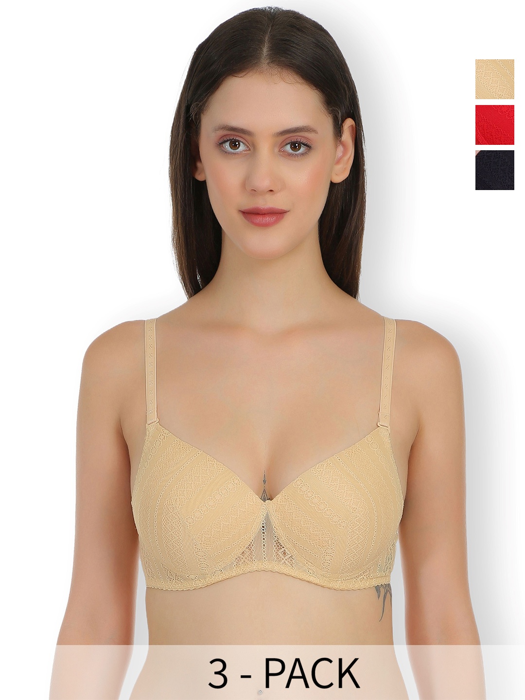 

SELFCARE Floral Bra Full Coverage Lightly Padded Pack of 3, Red