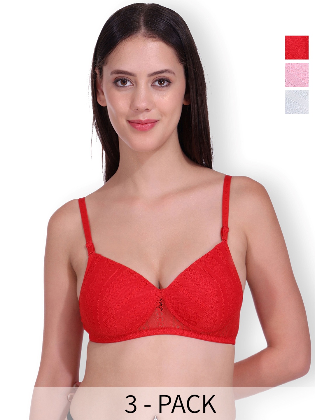 

SELFCARE Pack of 3 Full Coverage Lightly Padded Everyday Bra, Red