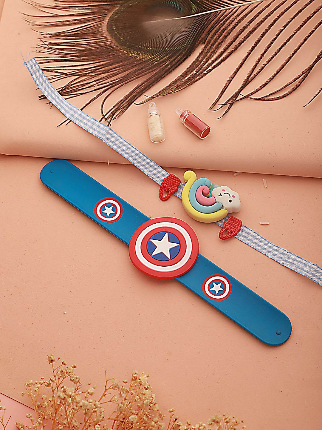 

Jazz and Sizzle Kids Set Of 2 Rainbow & Captain America Wraparound Rakhi, Blue