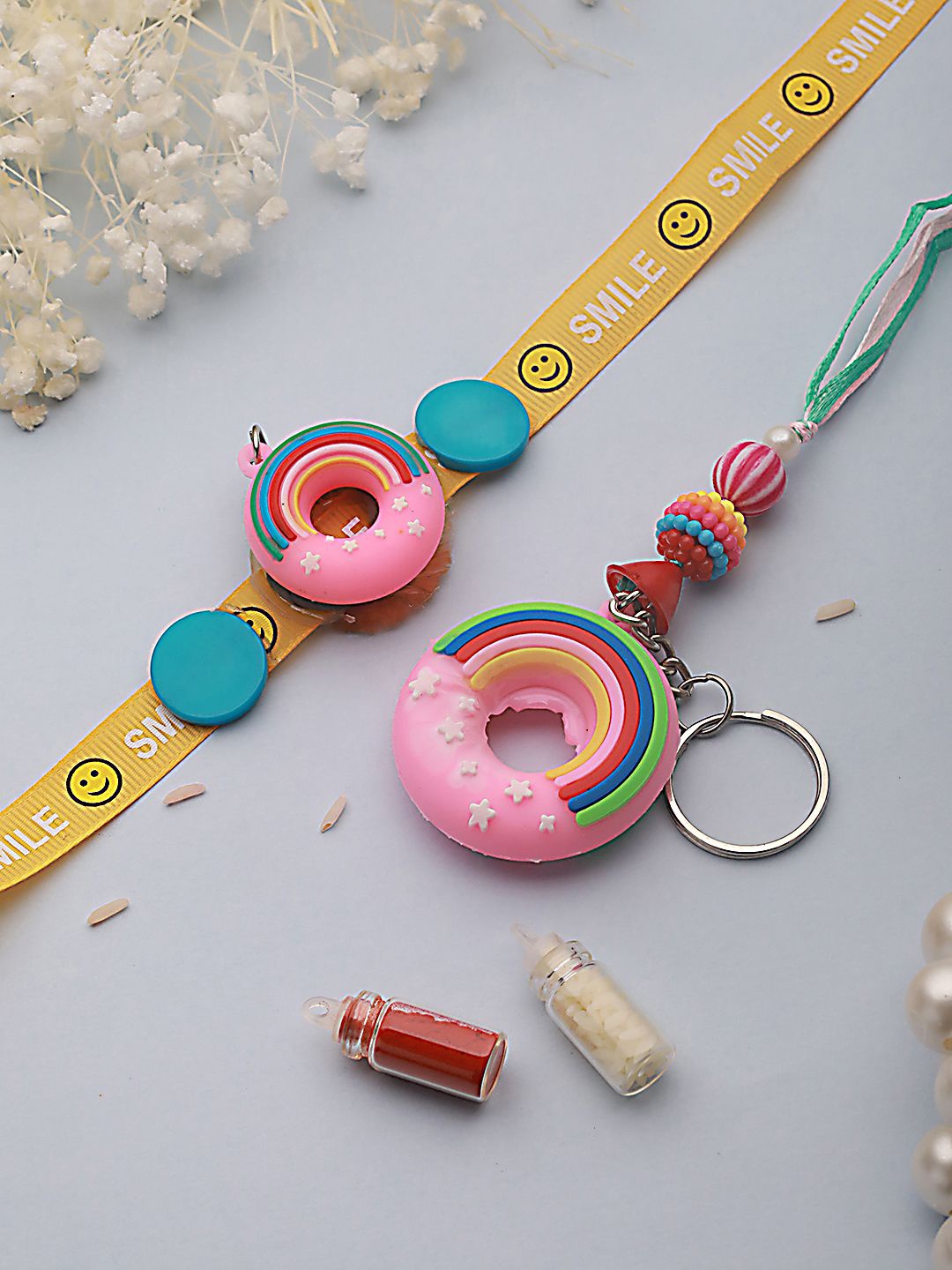 

Jazz and Sizzle Kids Set of 2 Donut Key Chain Designer Rakhi With Roli & Chawal, Yellow