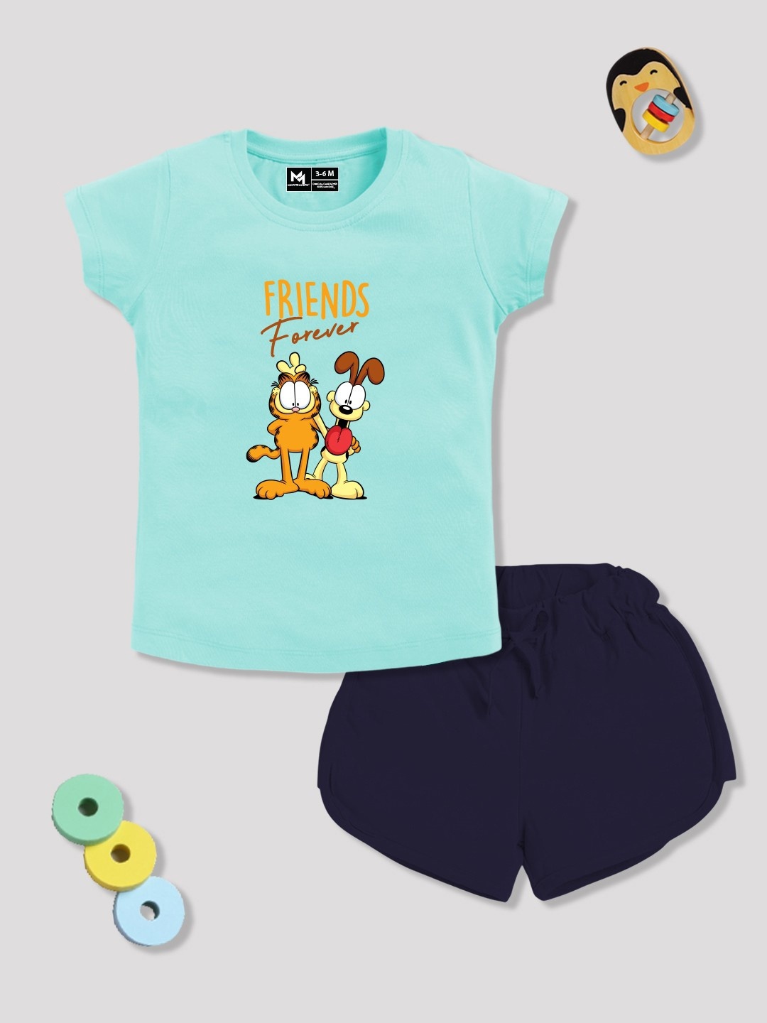 

YK X Minute Mirth Girls Printed Pure Cotton Tshirt with Shorts, Blue
