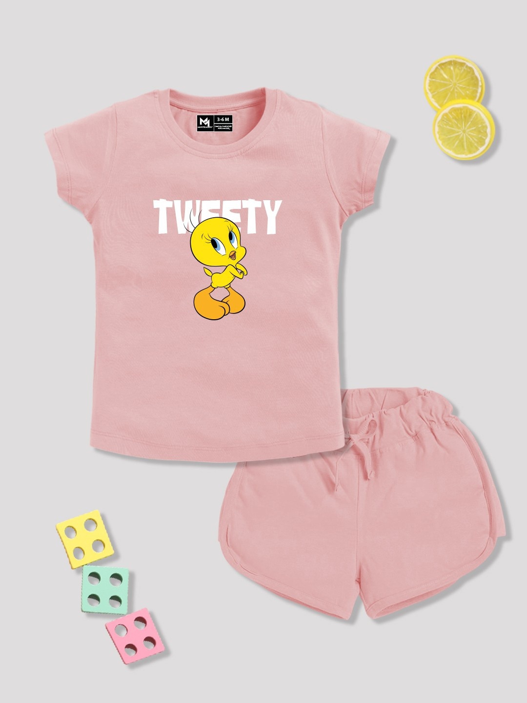 

YK X Minute Mirth Girls Printed Pure Cotton Tshirt with Shorts, Pink