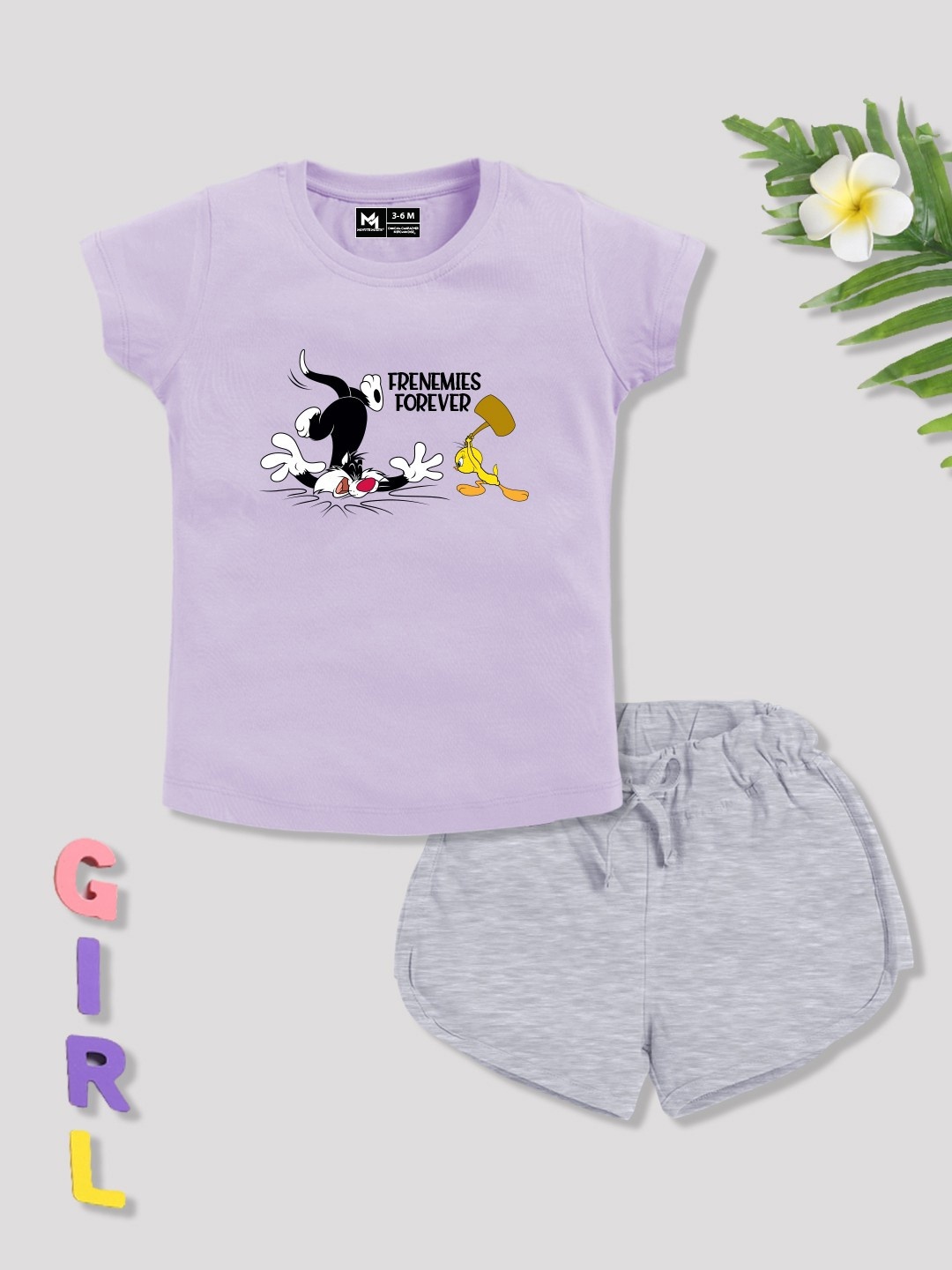 

YK X Minute Mirth Girls Printed Pure Cotton Tshirt with Shorts, Purple