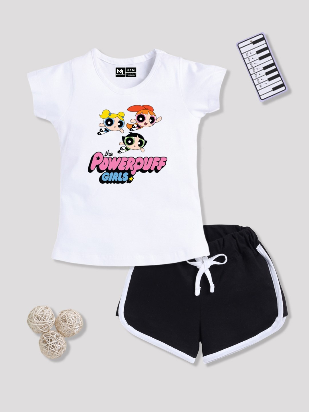 

YK X Minute Mirth Girls Printed Pure Cotton Tshirt with Shorts, White