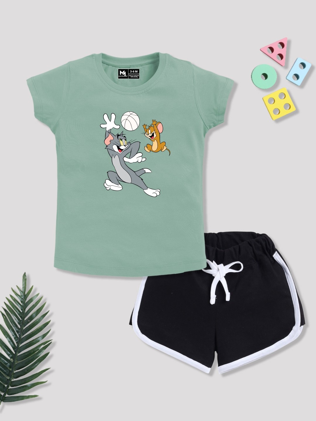 

YK X Minute Mirth Girls Printed Pure Cotton Tshirt with Shorts, Green