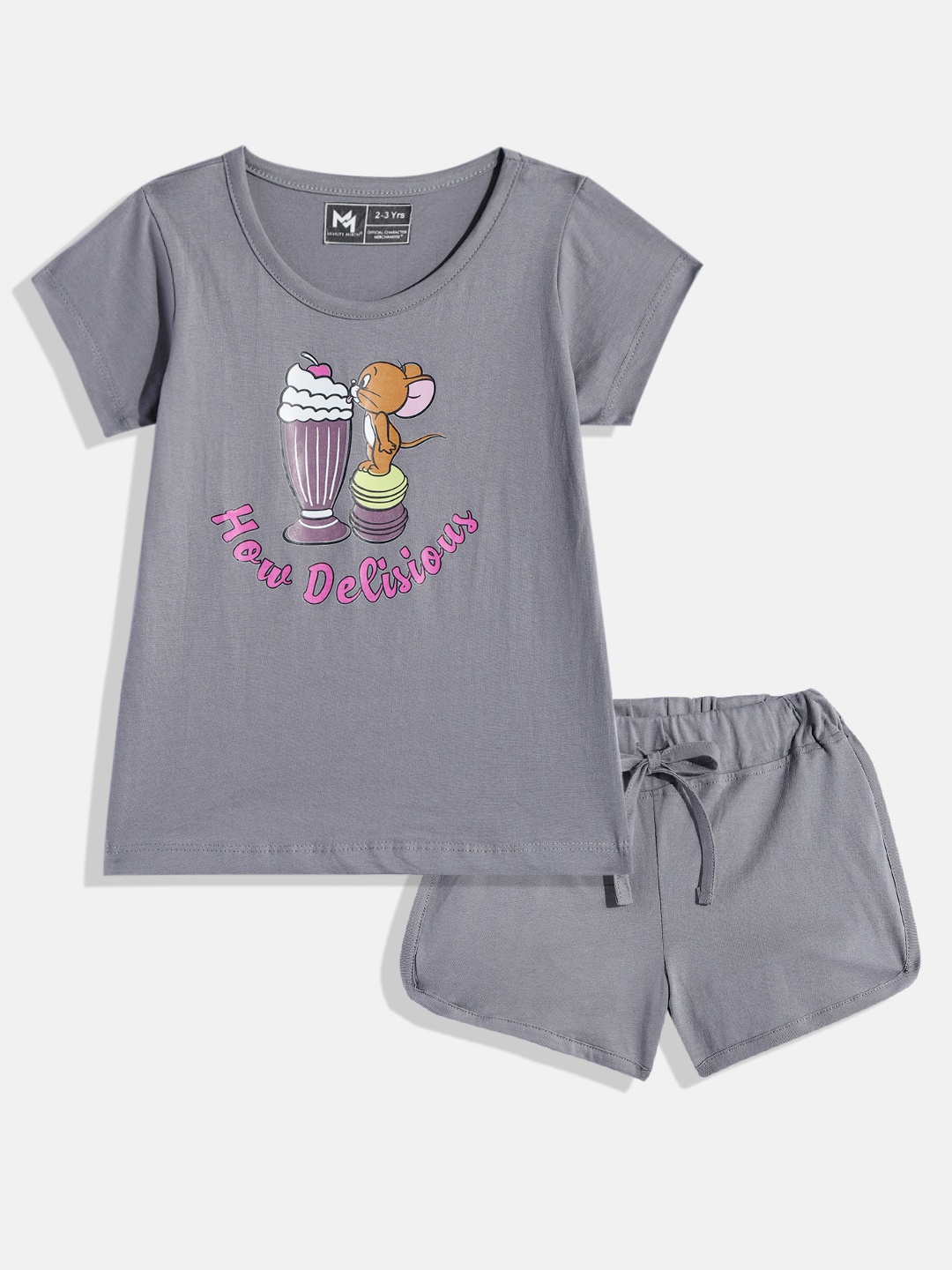 

YK X Minute Mirth Girls Printed Pure Cotton Tshirt with Shorts, Charcoal