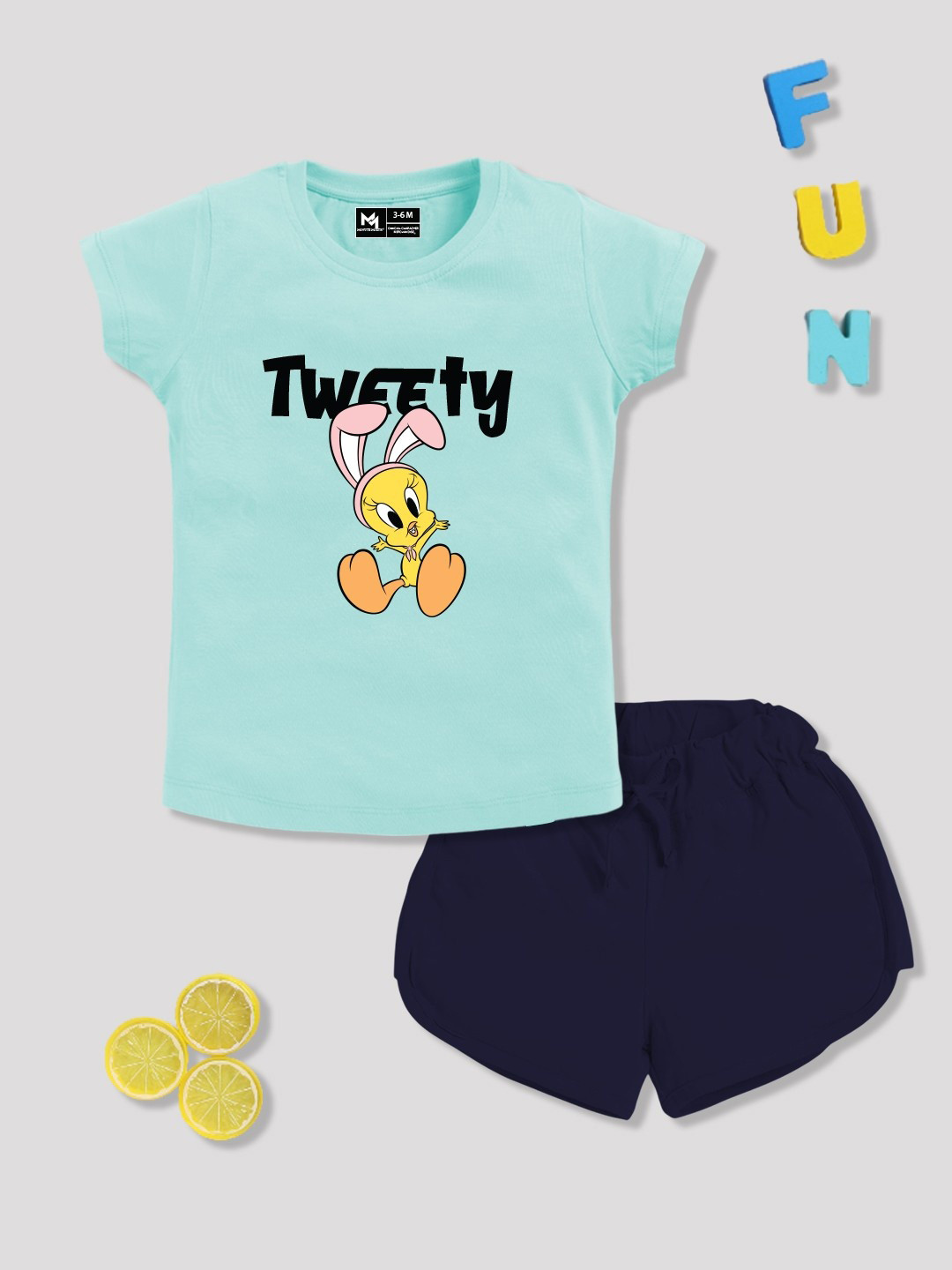 

YK X Minute Mirth Girls Printed Pure Cotton Tshirt with Shorts, Blue