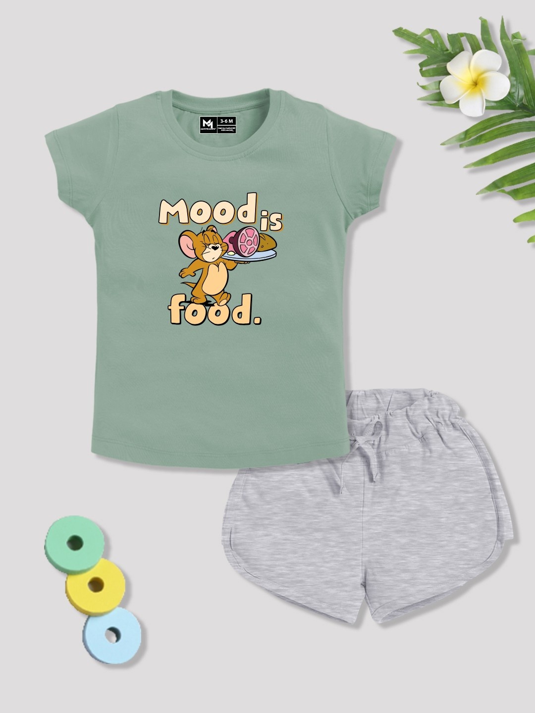 

YK X Minute Mirth Girls Infant Printed Pure Cotton Tshirt with Shorts, Green