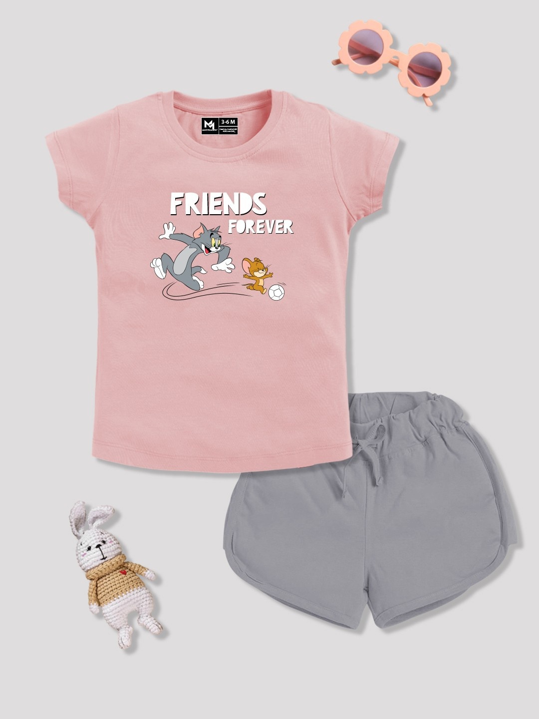 

YK X Minute Mirth Infant Girls Printed Pure Cotton Tshirt with Shorts, Pink