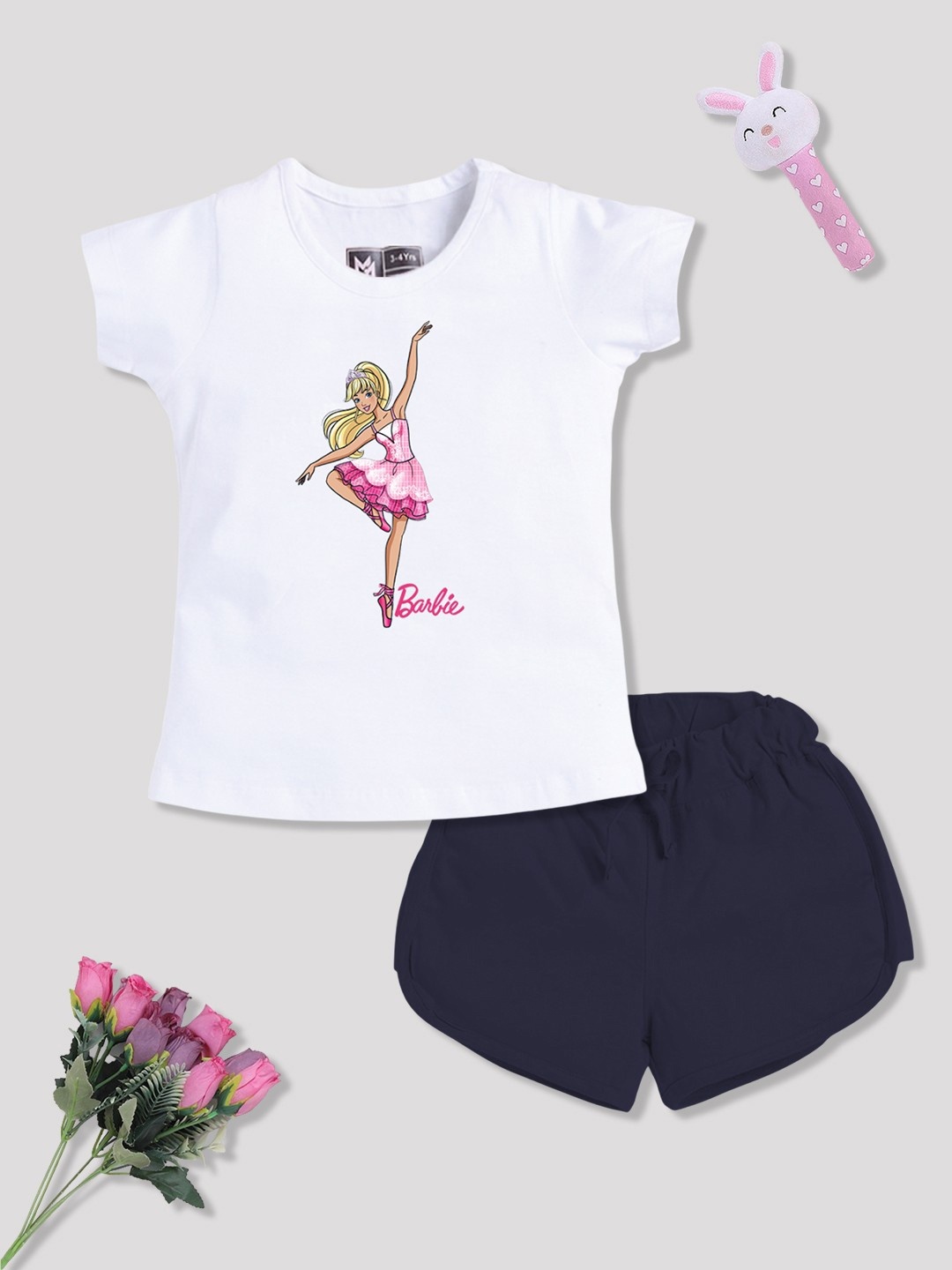 

YK X Minute Mirth Infant Girls Printed Pure Cotton Tshirt with Shorts, White