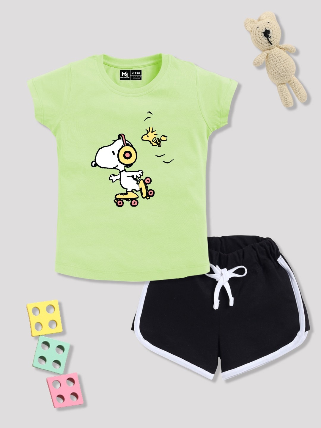 

YK X Minute Mirth Infant Girls Printed Pure Cotton Tshirt with Shorts, Green