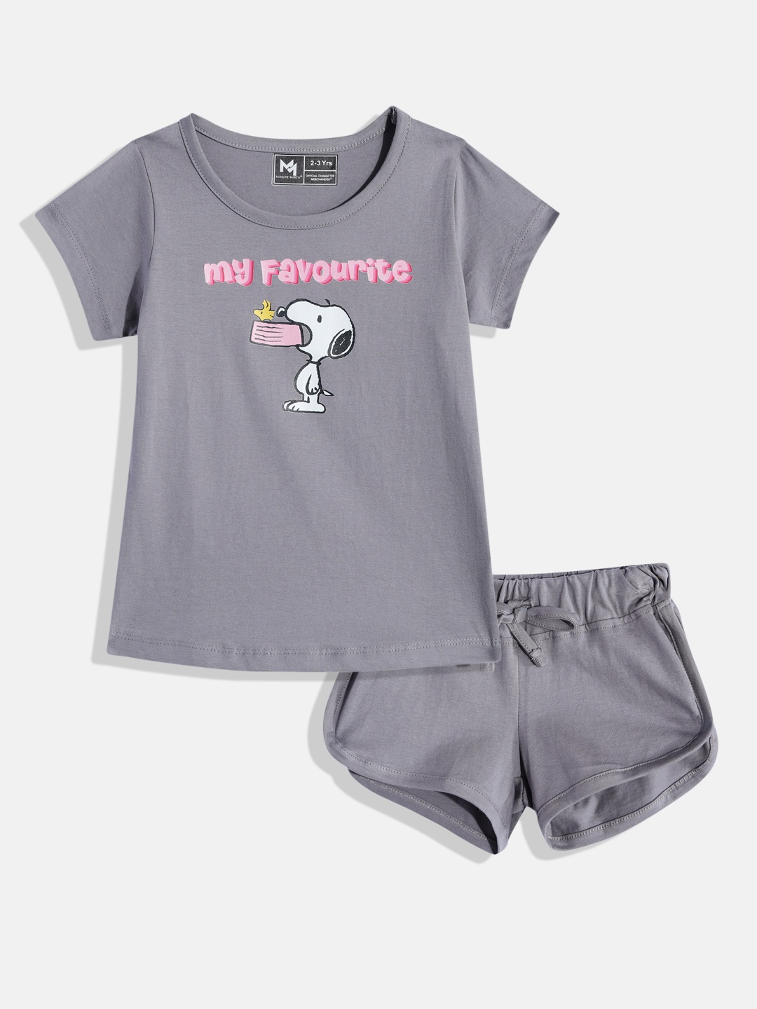 

YK X Minute Mirth Girls Printed Pure Cotton Tshirt with Shorts, Charcoal