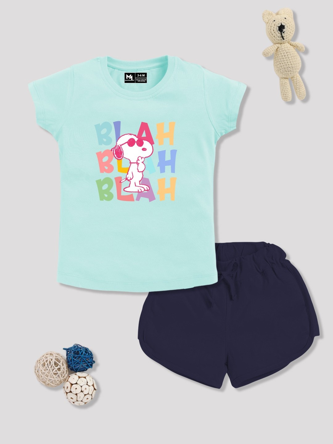 

YK X Minute Mirth Girls Printed Pure Cotton Tshirt with Shorts, Blue