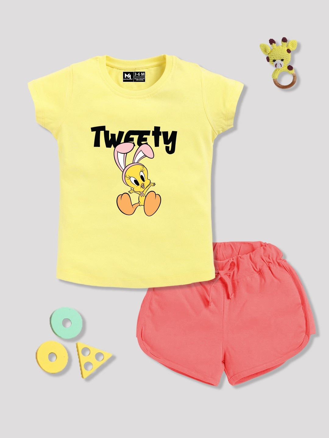 

YK X Minute Mirth Infant Girls Printed Pure Cotton Tshirt with Shorts, Yellow