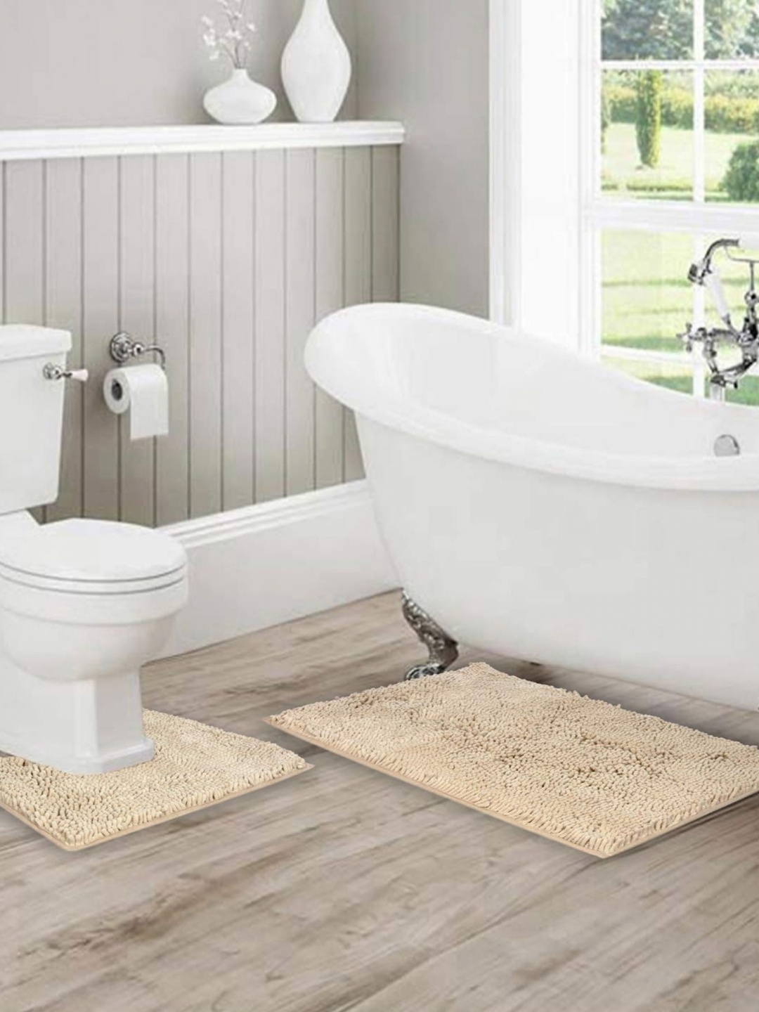 

Lushomes Beige 2 Pieces Textured Anti-Skid Bath Rugs