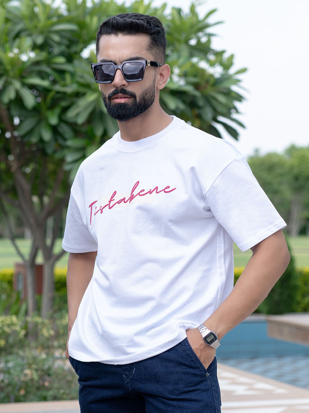 

Tistabene Men Typography Printed Drop Shoulder Sleeves Oversized T-shirt, White