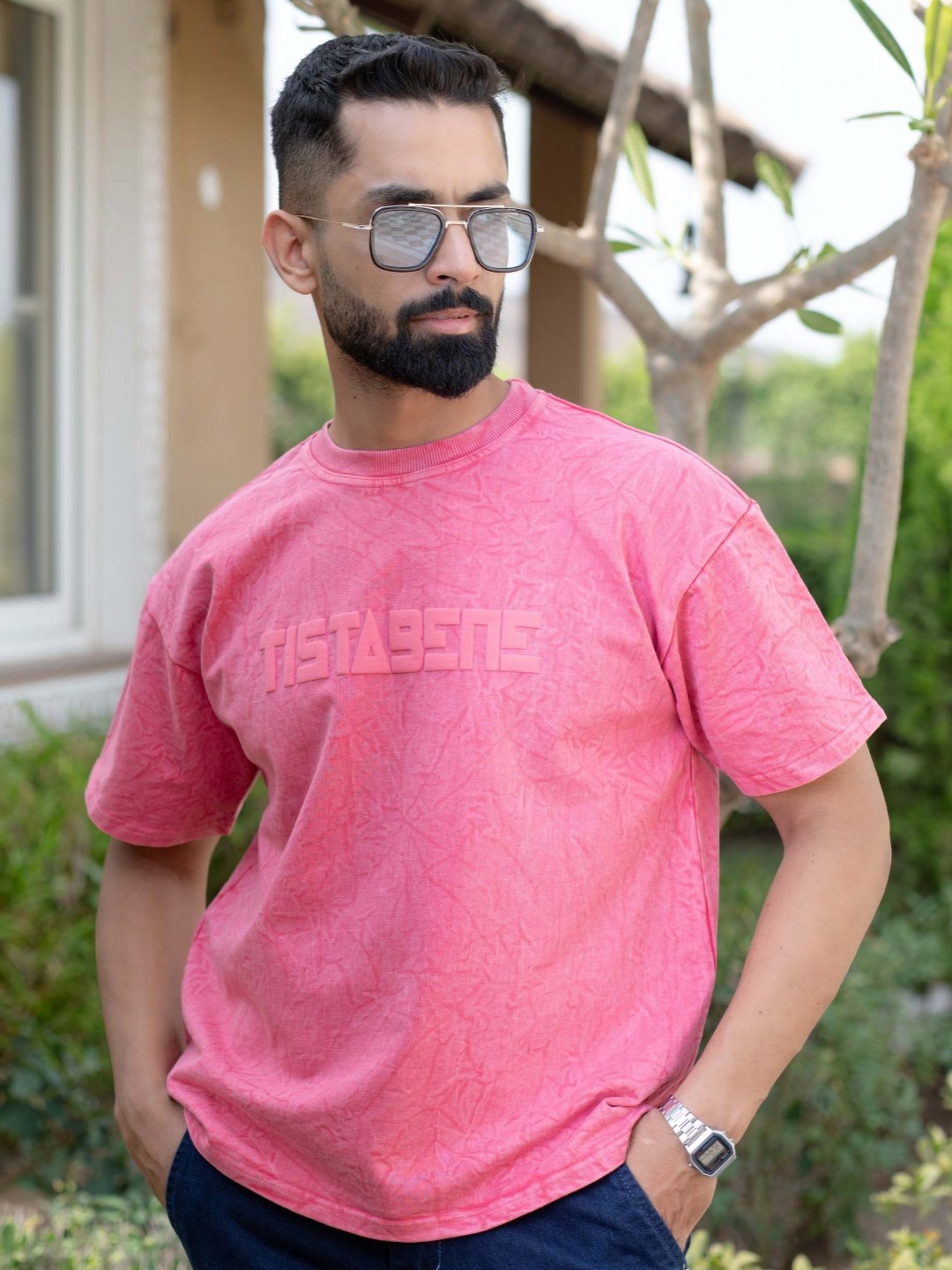 

Tistabene Men Abstract Printed Drop Shoulder Sleeves Oversized T-shirt, Pink