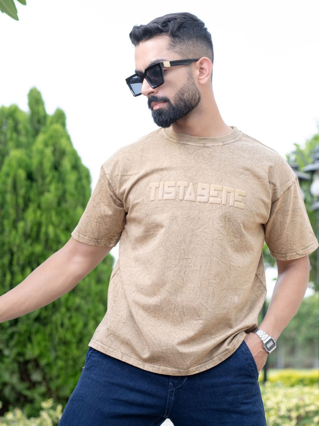 

Tistabene Men Abstract Printed Drop Shoulder Sleeves Oversized T-shirt, Beige
