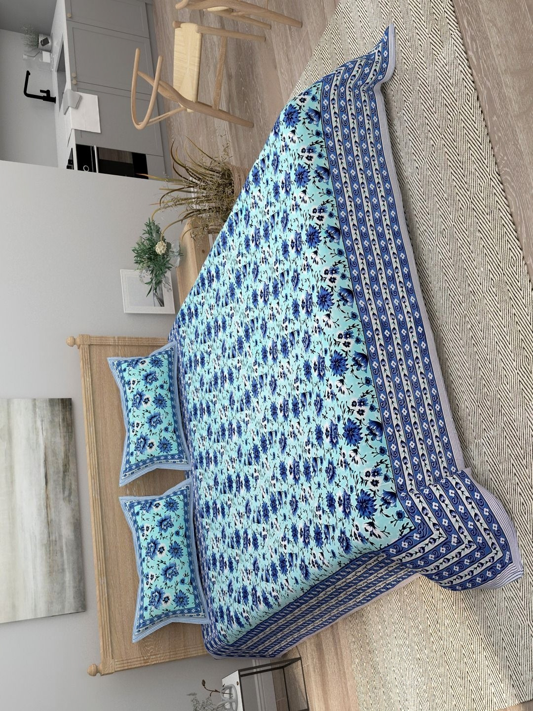 

Bombay Spreads Blue Printed Pure Cotton 144 TC Double King Bedsheet With 2 Pillow Covers