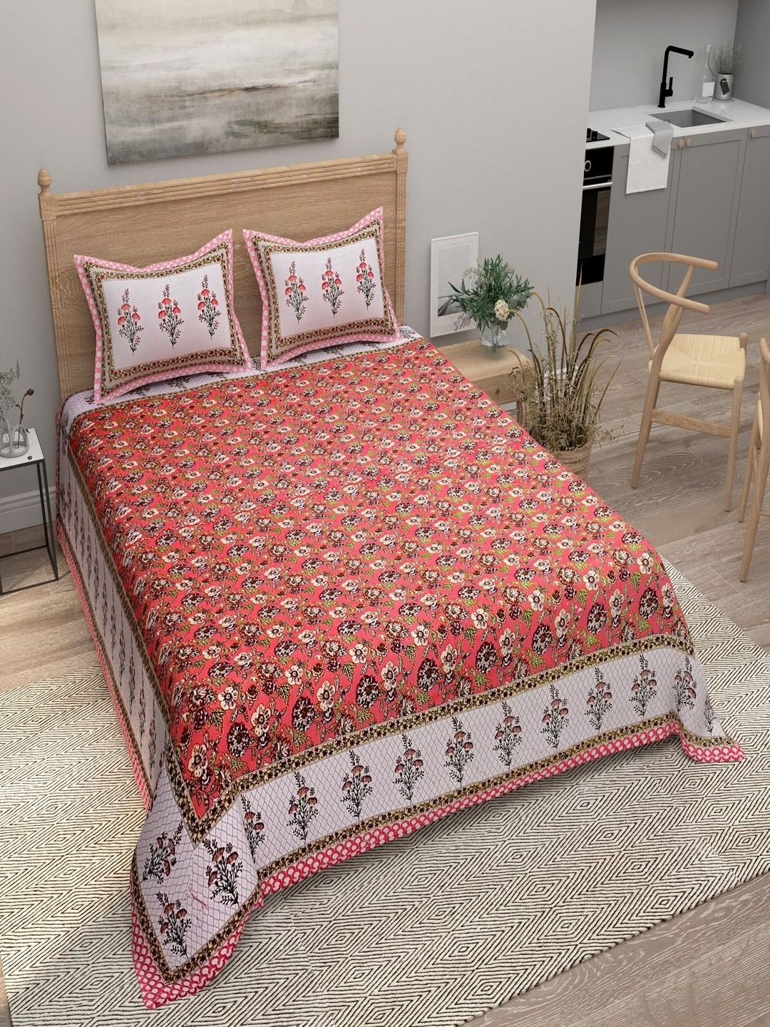 

Bombay Spreads Peach Printed Pure Cotton 144 TC Double King Bedsheet With 2 Pillow Covers
