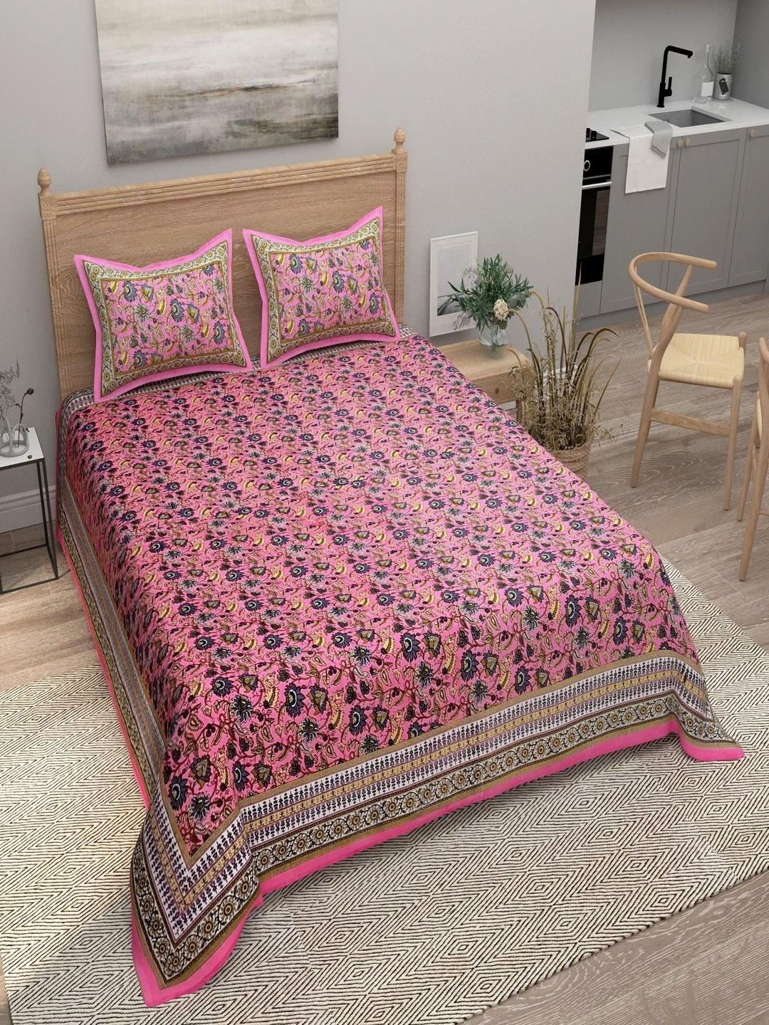 

Bombay Spreads Pink Printed Pure Cotton 144 TC Double King Bedsheet With 2 Pillow Covers