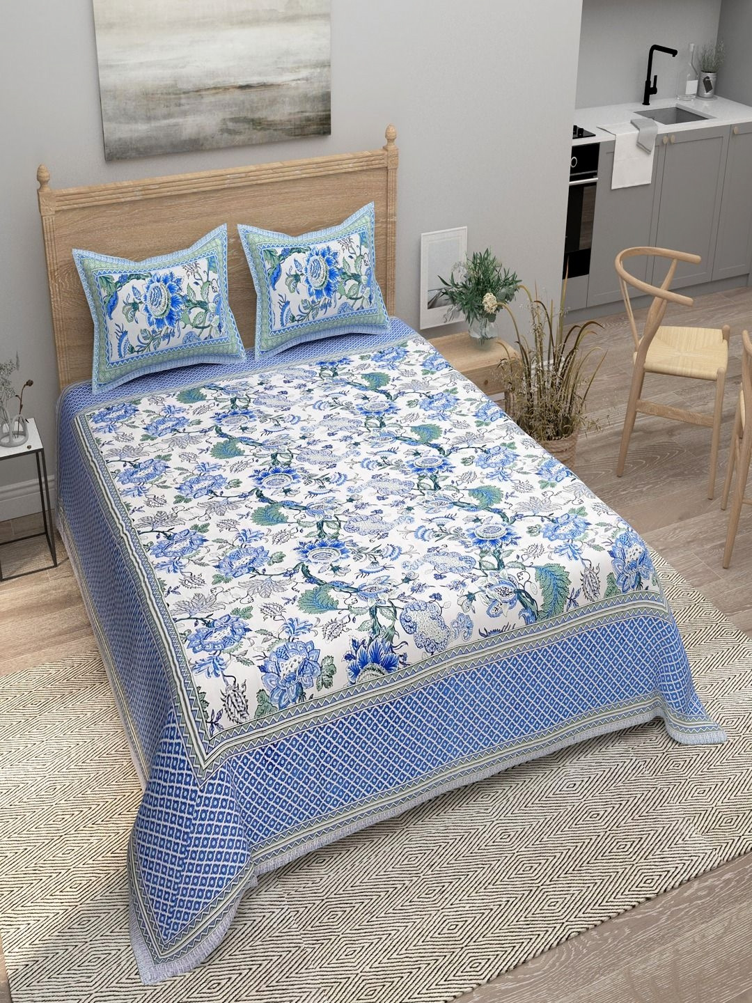 

Bombay Spreads Blue Printed Pure Cotton 144 TC Double King Bedsheet With 2 Pillow Covers