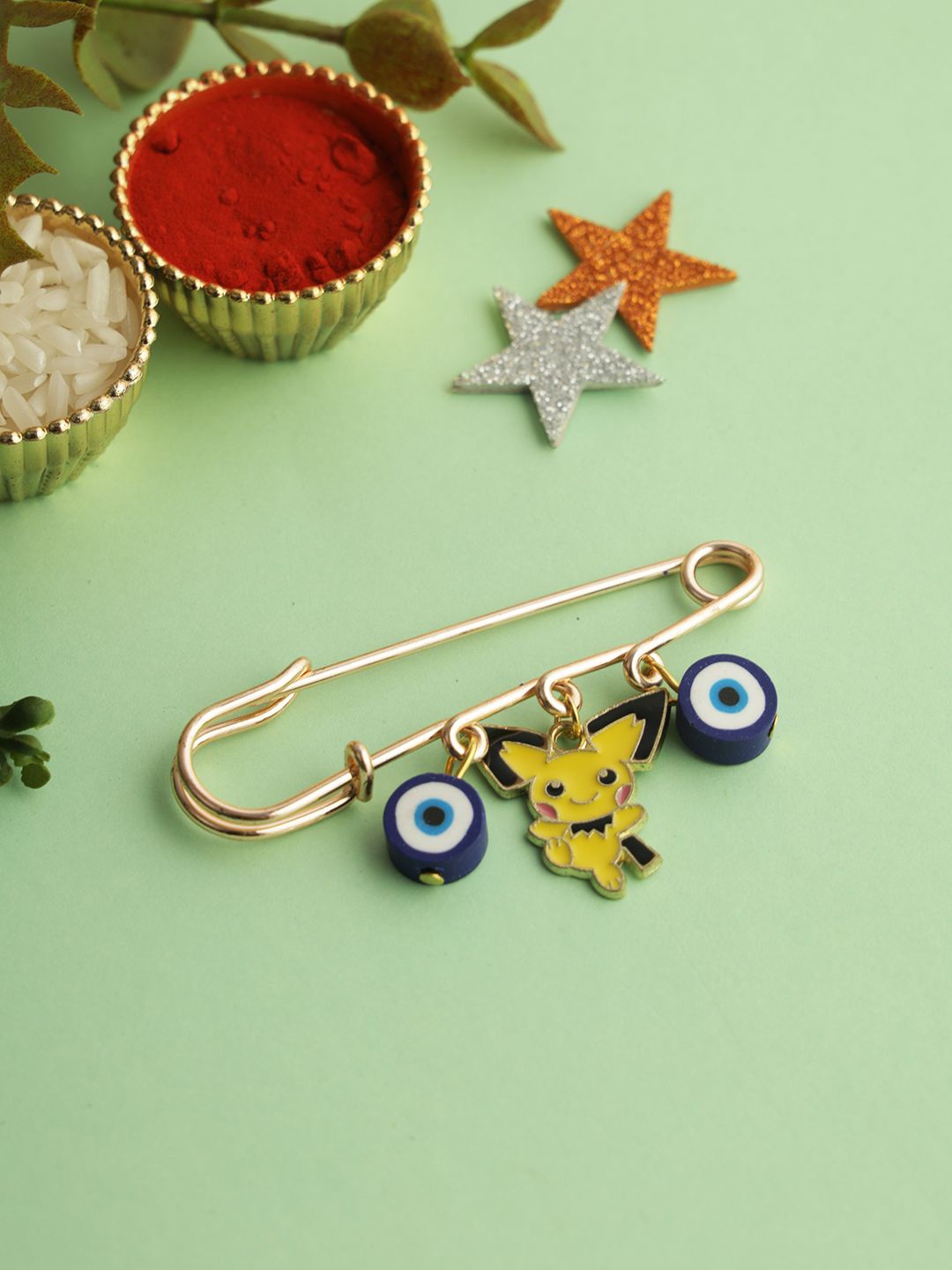 

Aapno Rajasthan Evil Eye Charms Wraparound Rakhi With Roli Chawal & Greeting Card, Yellow