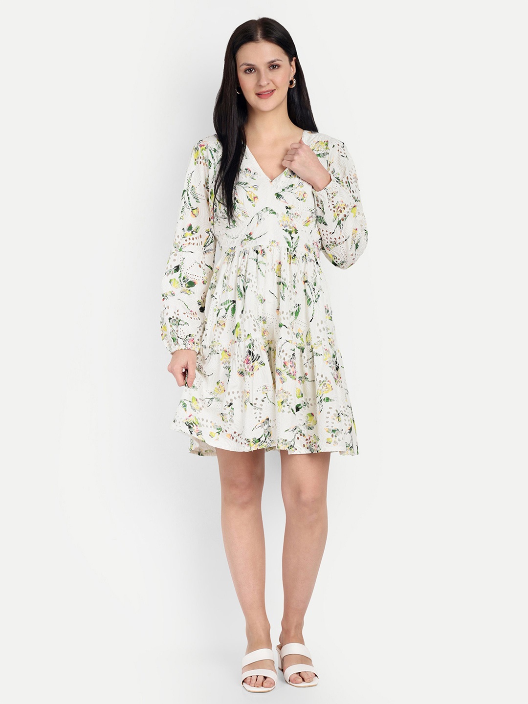 

PANDORNA Floral Print Puff Sleeve Schiffli Fit & Flare Dress, White