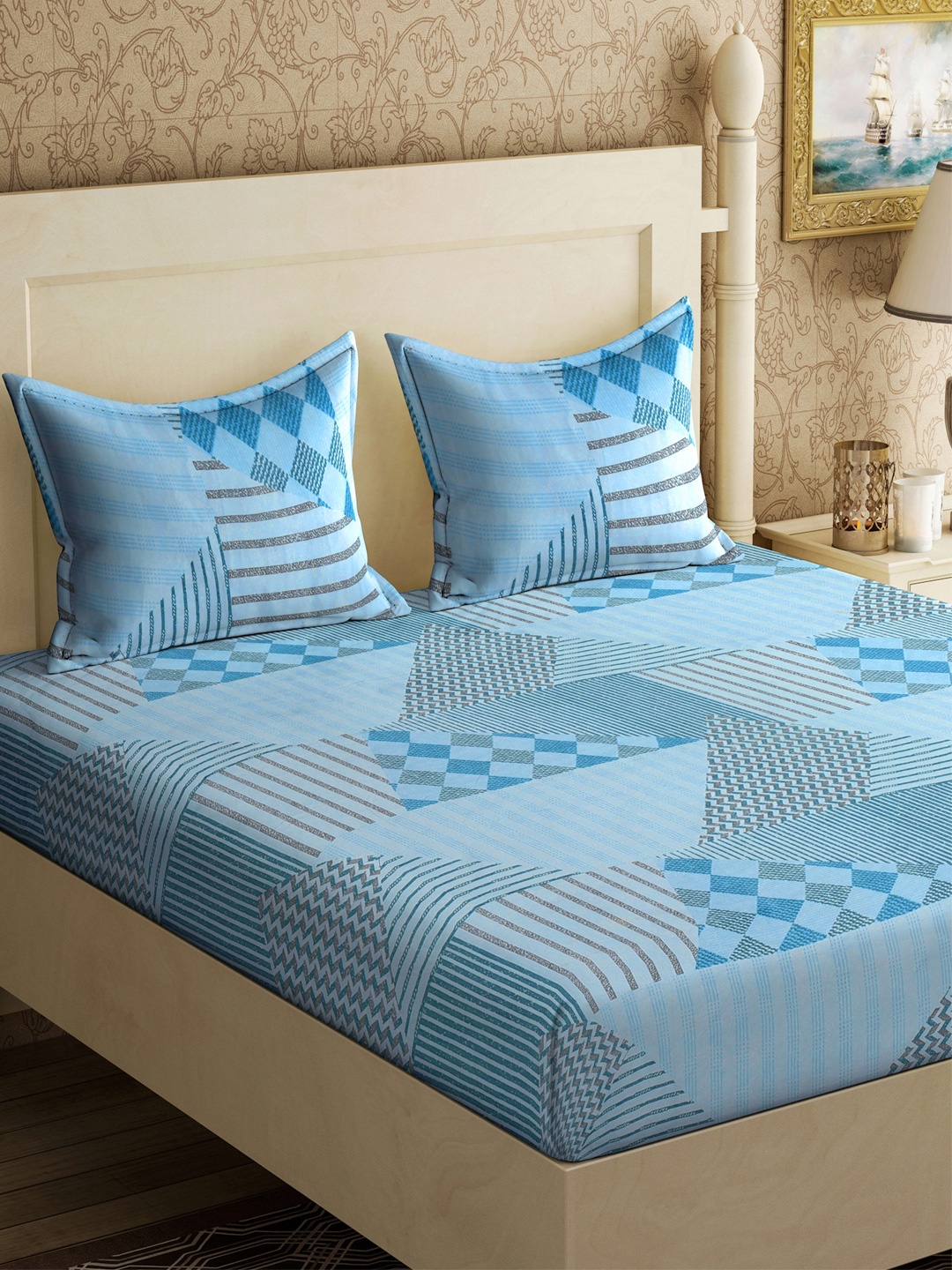 

KLOTTHE Sky Blue Printed 300 TC Super King Bedsheet With 2 Pillow Covers