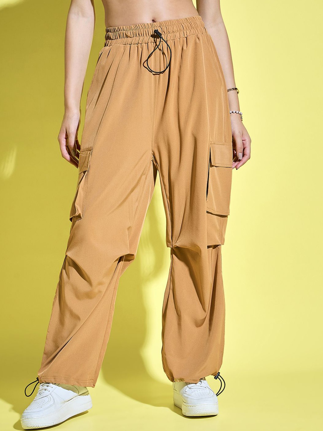 

BUY NEW TREND Women Relaxed Loose Fit High-Rise Cargo Wrinkle Free Trousers, Mustard