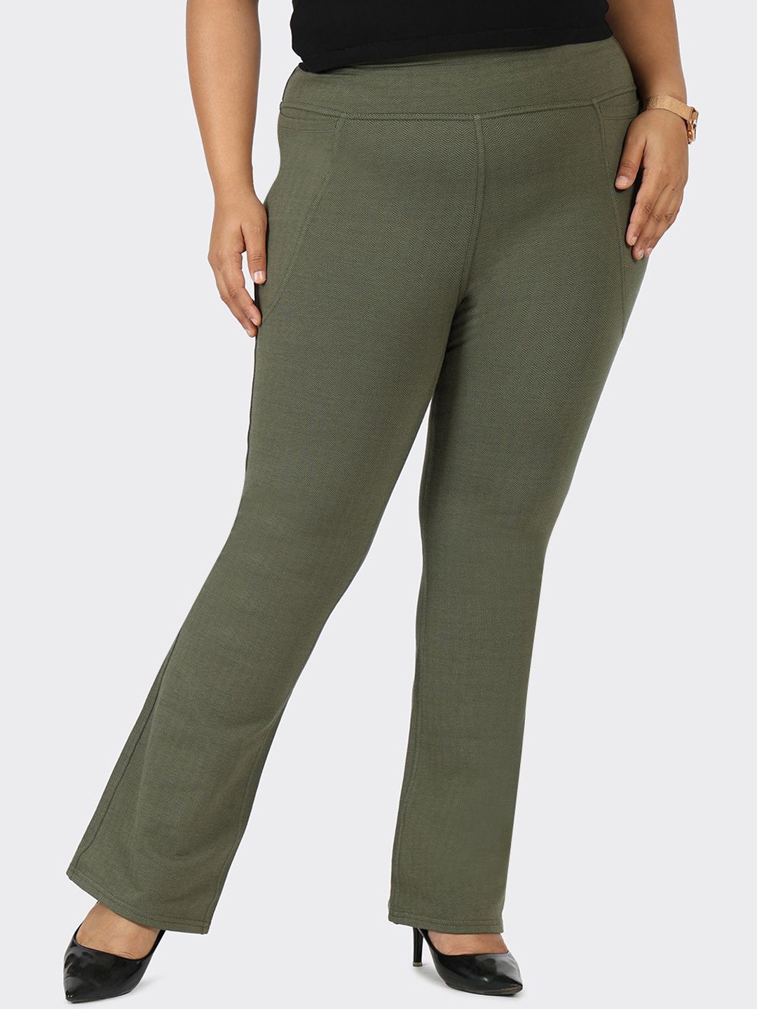 

Blissclub Women Flared High-Rise Trousers, Olive