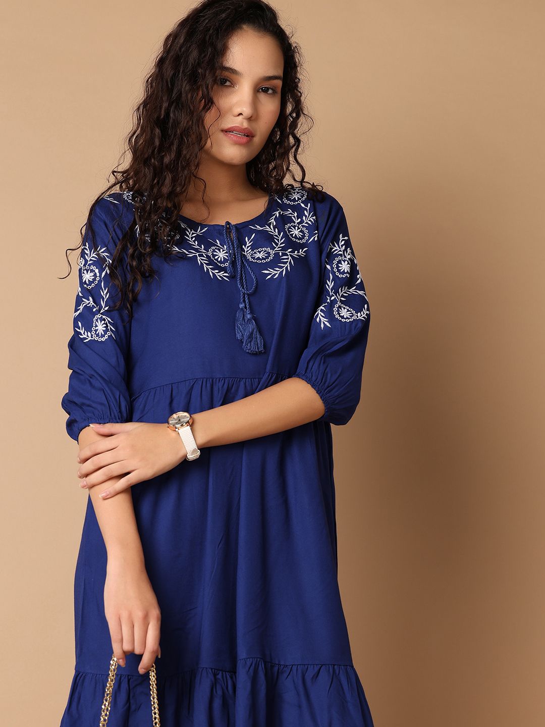 

V-Mart Puff Sleeves A-Line Dress, Navy blue