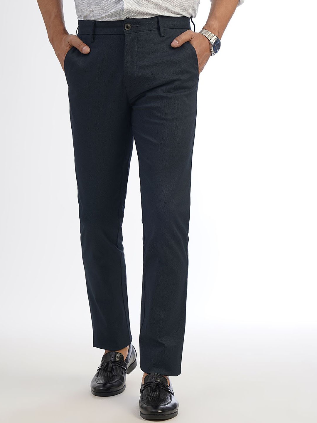 

JADE BLUE Men Printed Slim Fit Trousers, Navy blue