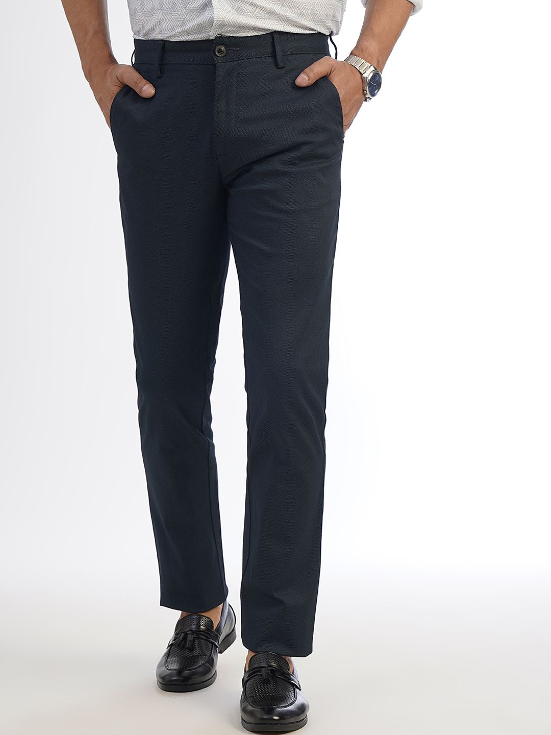 

JADE BLUE Men Printed Slim Fit Trousers, Navy blue