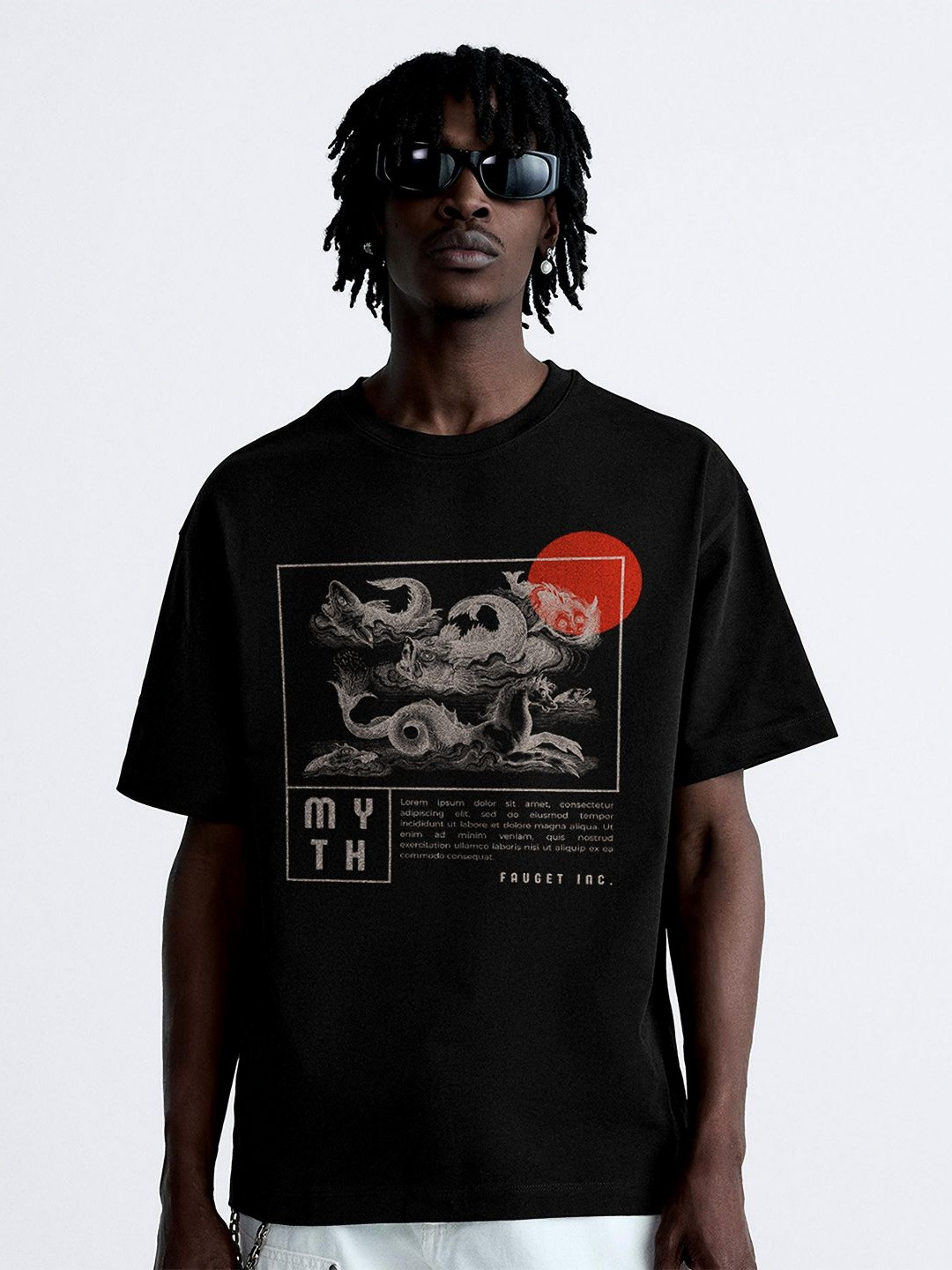 

OFFMINT Myth Graphic Printed Drop-Shoulder Sleeves Cotton Oversized T-shirt, Black