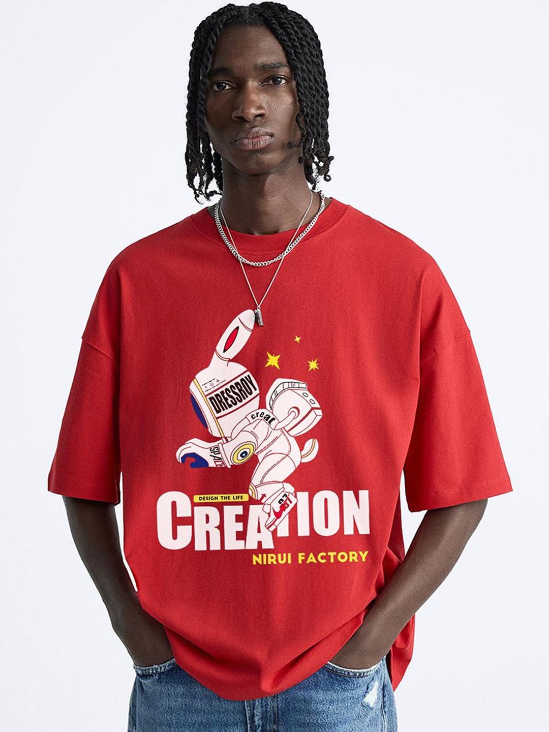 

OFFMINT Creation Graphic Printed Drop-Shoulder Sleeves Cotton Oversized T-shirt, Red