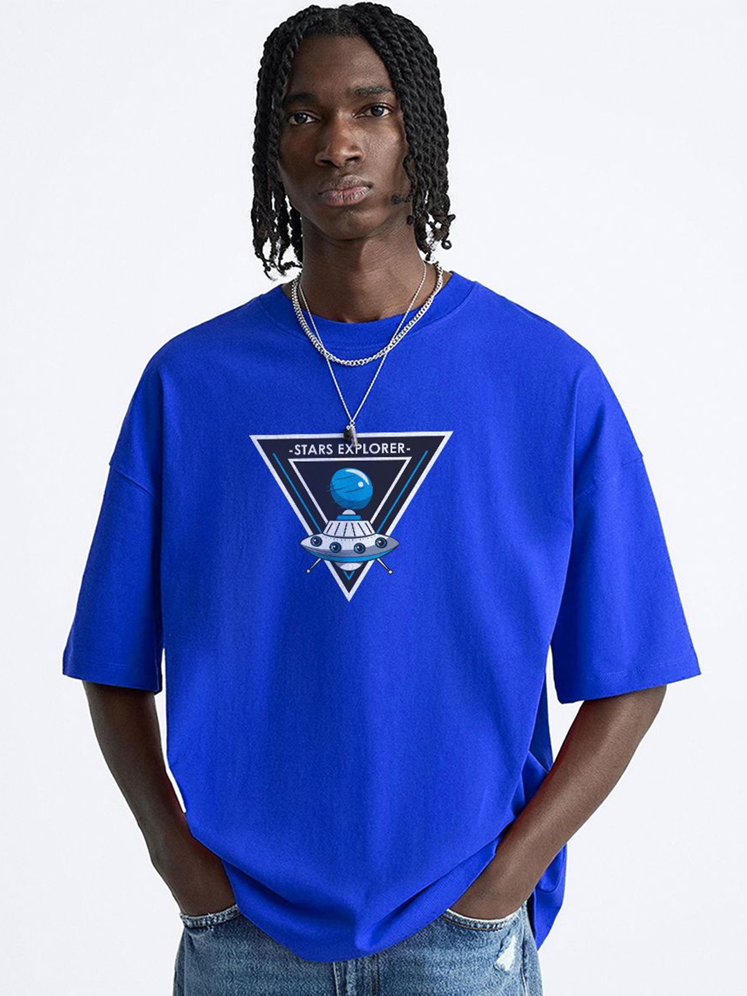 

OFFMINT Men Printed Mandarin Collar Applique T-shirt, Blue