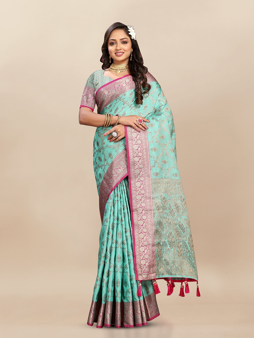 

Upalksh Ethnic Motif Zari Woven Banarasi Saree, Turquoise blue