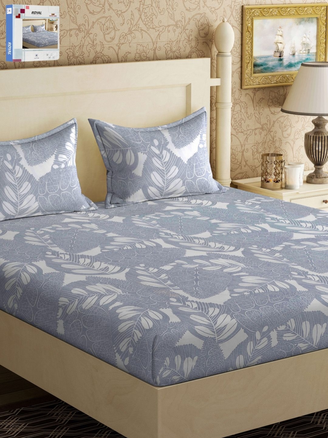 

KLOTTHE Grey & White Floral Printed 300 TC Super King Bedsheet With 2 Pillow Covers