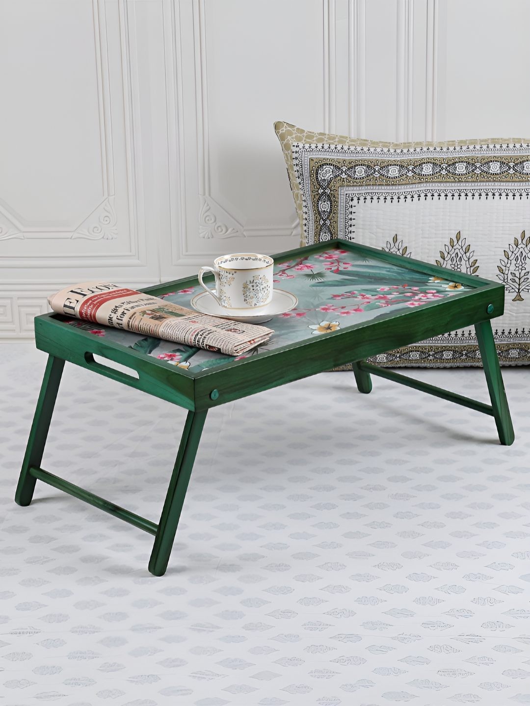

India Circus by Krsnaa Mehta Green & Pink Floral Printed Wooden Breakfast Tray