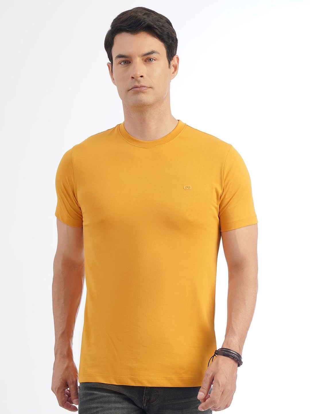 

JADE BLUE Men Solid Round Neck Pure Cotton T-shirt, Yellow
