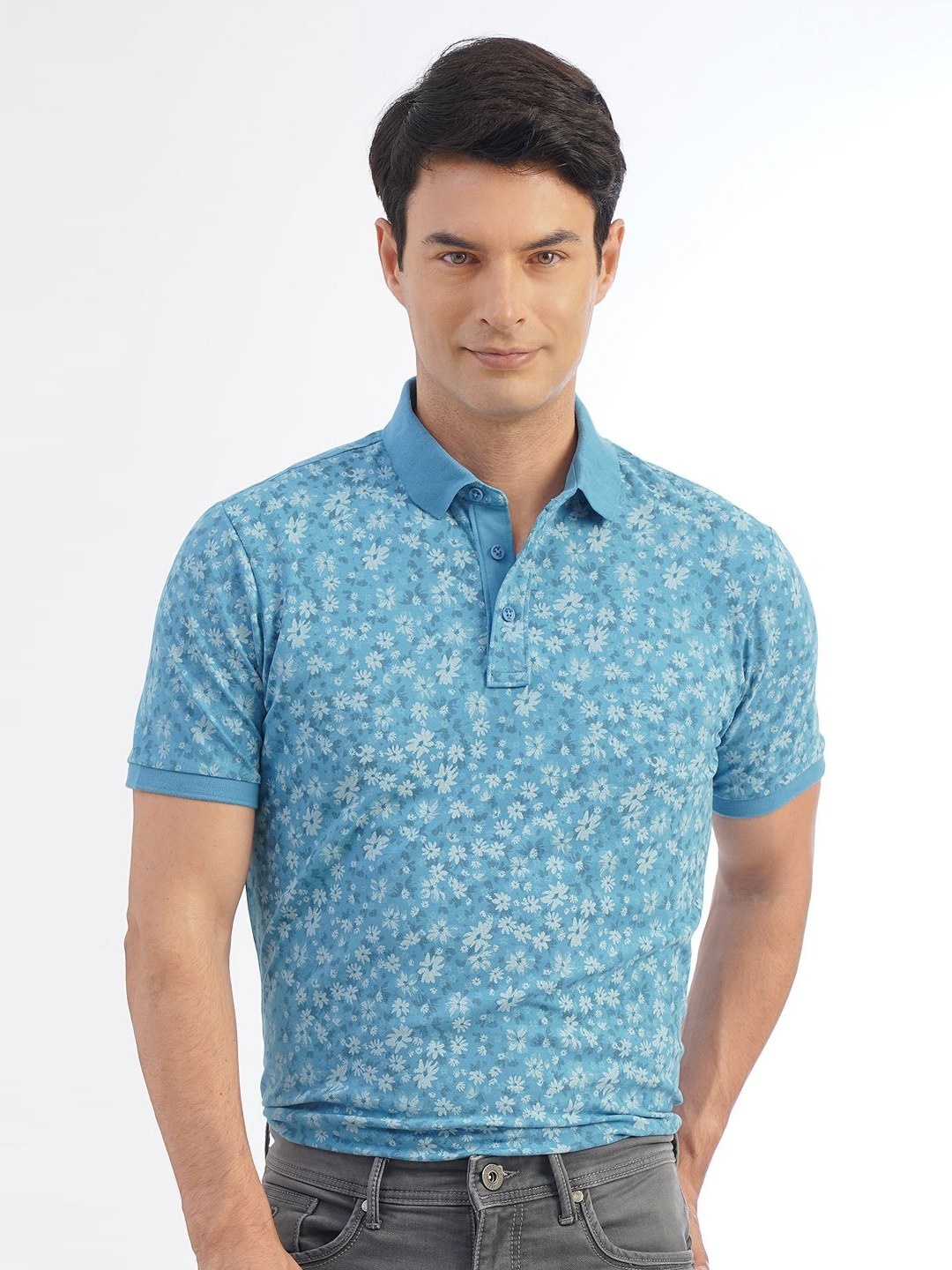 

JADE BLUE Men Floral Printed Polo Collar T-shirt