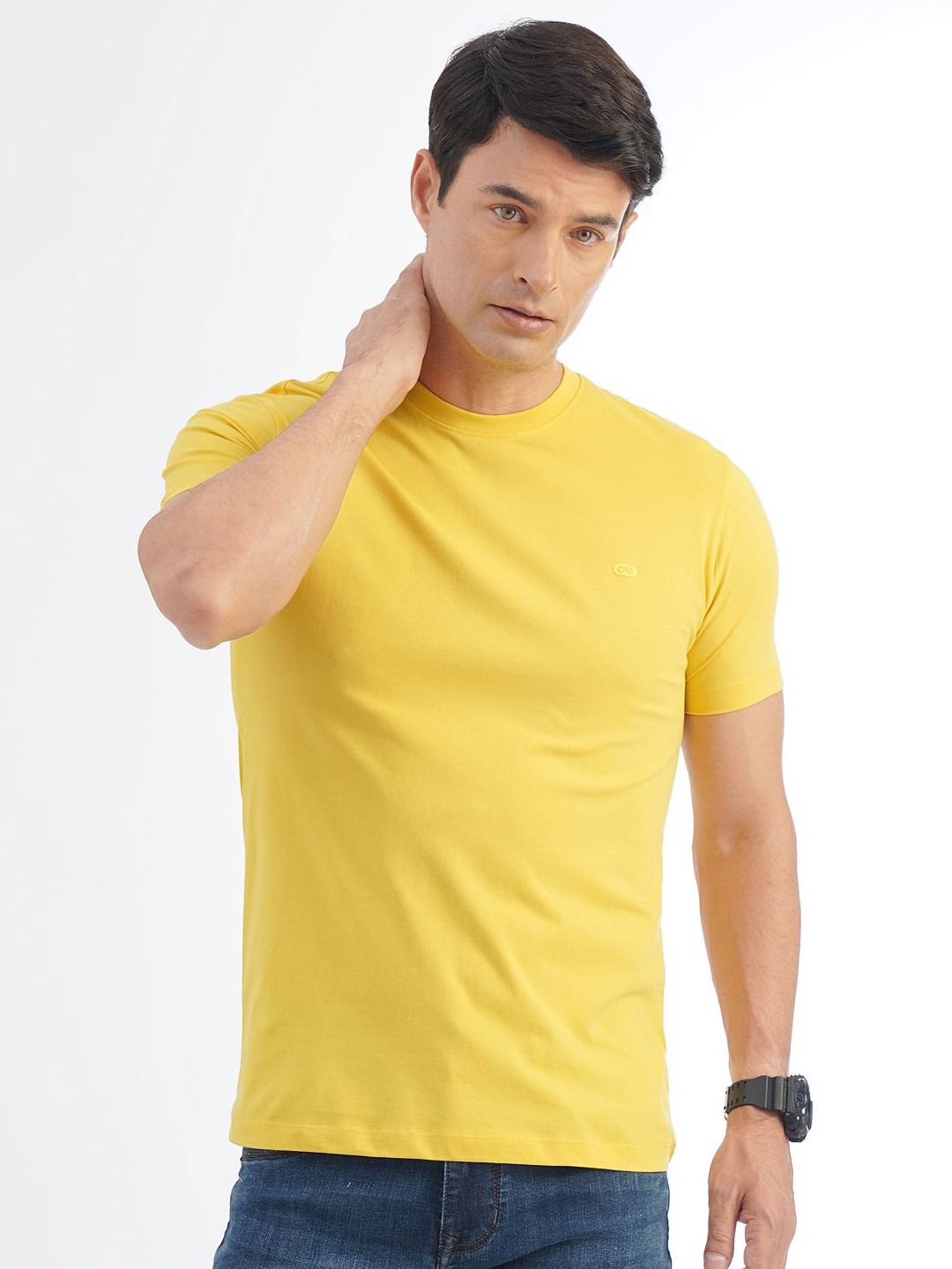 

JADE BLUE Men Solid Round Neck Pure Cotton T-shirt, Yellow