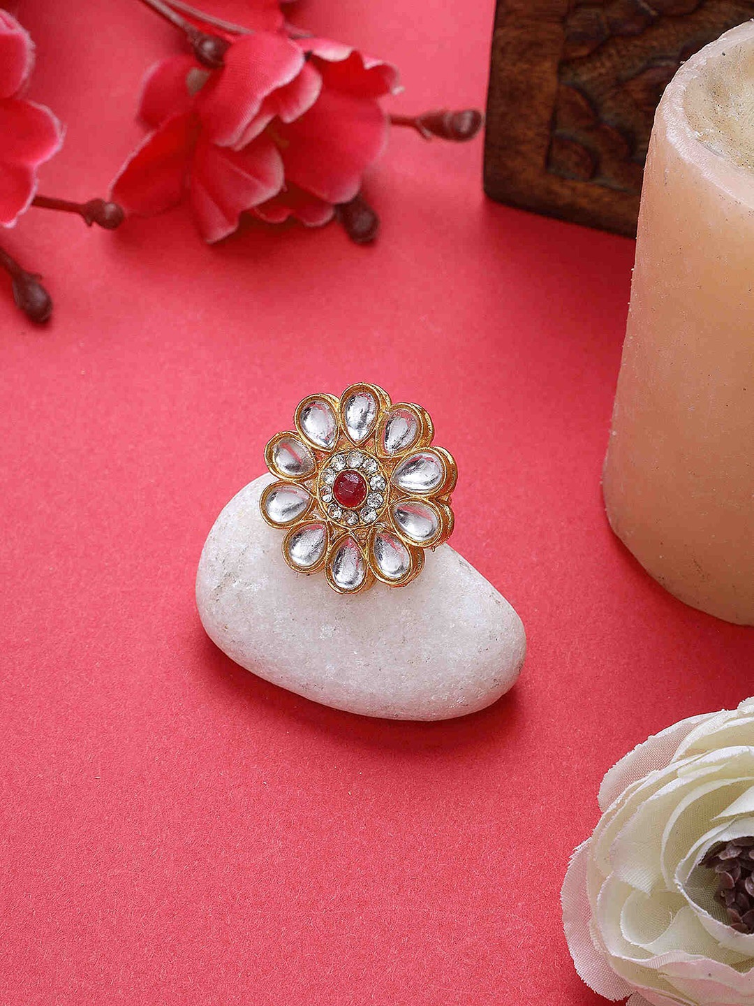 

CARDINAL Gold-Plated Kundan-Studded Adjustable Finger Ring