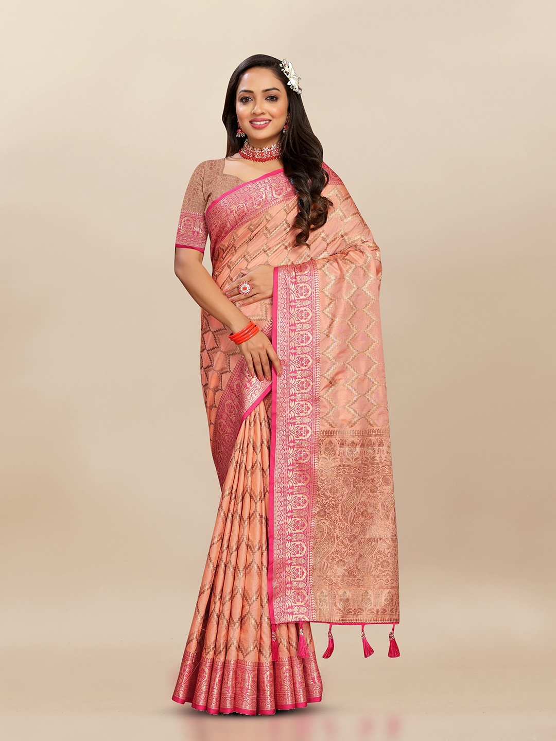 

Upalksh Zari Woven Banarasi Saree, Peach
