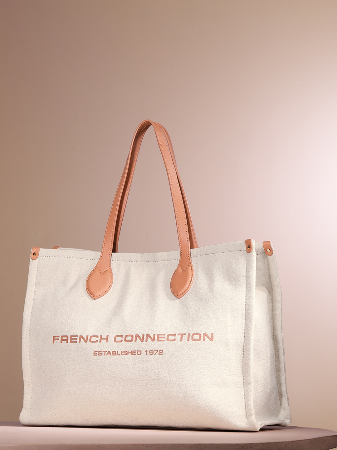 

French Connection Brand Logo Printed Structured Shoulder Bag, Off white